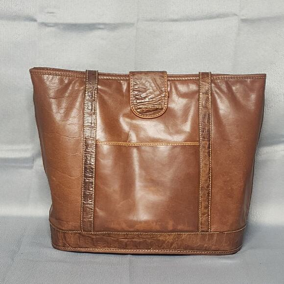 Vintage Brahmin Tote Brown Tuscan Leather Croc Trim Detail Shoulder Bag Rustic - Picture 2 of 10